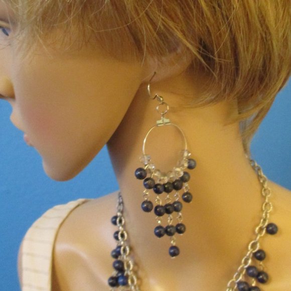 Etruscan Style Midnight Blue Silver Fringe Necklace Earrings Set Vintage - Picture 7 of 13